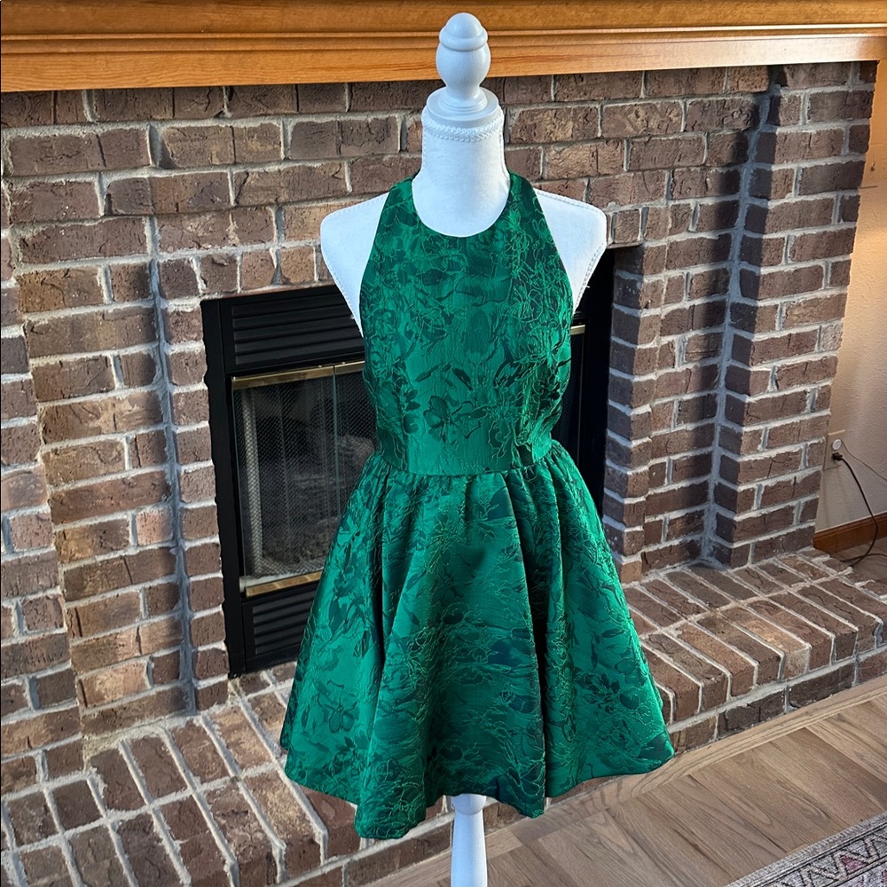 Alice + Olivia Mollie Circle Skirt Vibrant Green Party Jacquard Dress Size 0